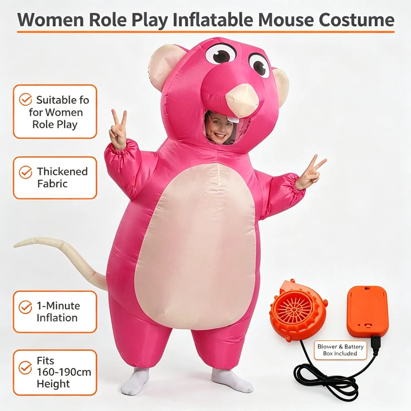 Cartoon Mouse Inflatable Costume for Adults Men Women Mascot Suit with Blower Fan Battery Pack Halloween Cosplay Party